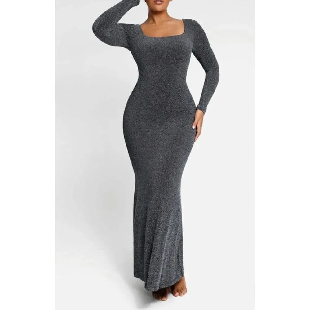 NWT Shapellx women’s long sleeve, maxi, shaping glittery gray dress S/XL